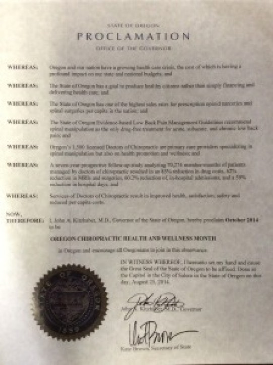 October 2014 is Oregon Chiropractic Health & Wellness Month
